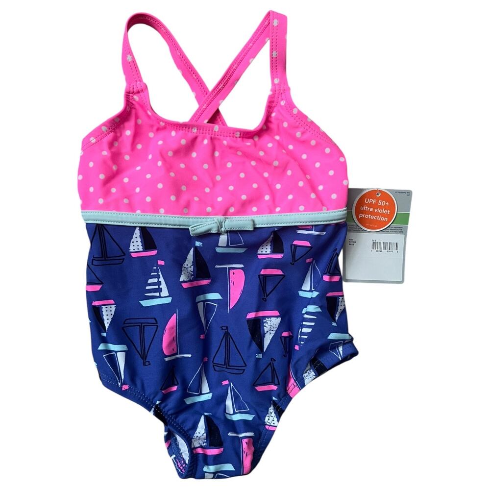 Carter’s Swimsuit Bathing Suit Pink Blue Sailboats Baby Toddler 18 months NEW